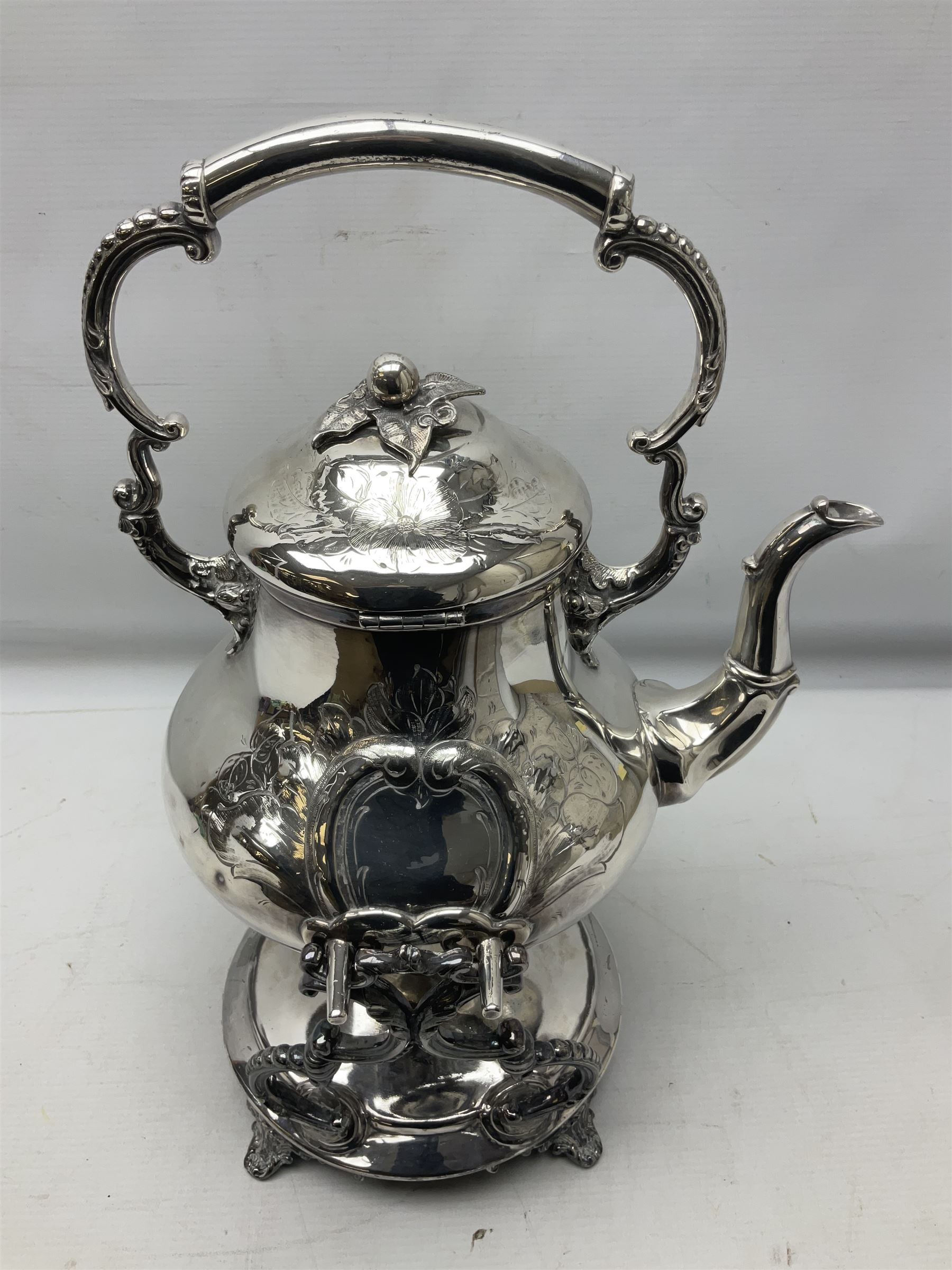 Victorian silver plated tea kettle of baluster form on stand - Image 9 of 15