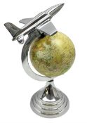 Art Deco style world globe with chrome aeroplane finial and mounts