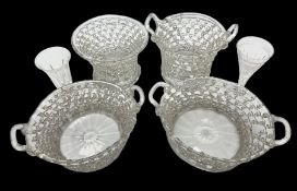 Pair of 19th century Lieges trailed glass openwork baskets of oval form with wrythen loop handles