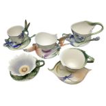 Five Franz teacups and saucers comprising Hummingbird FZ00129