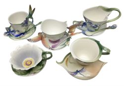 Five Franz teacups and saucers comprising Hummingbird FZ00129