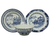 Chinese export blue and white footed bowl painted in underglaze blue with stylised pagoda scene