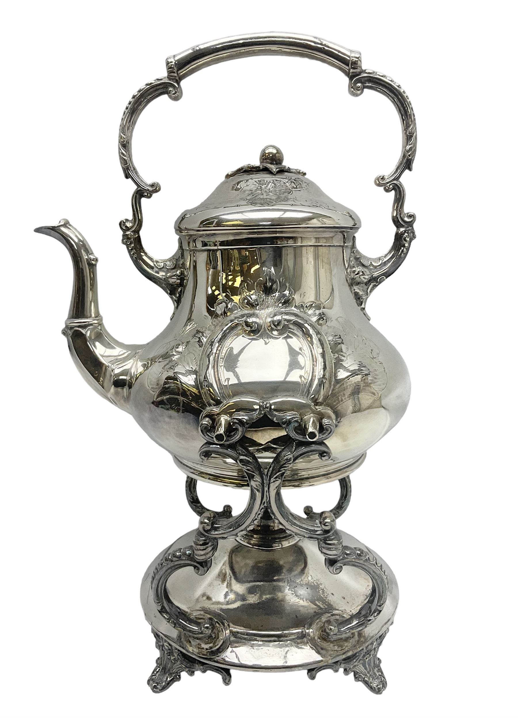 Victorian silver plated tea kettle of baluster form on stand