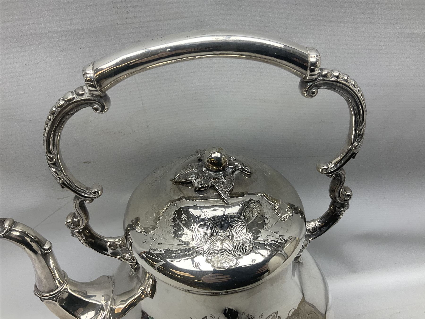 Victorian silver plated tea kettle of baluster form on stand - Image 2 of 15