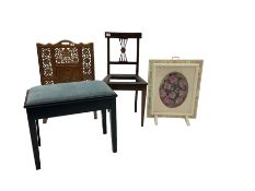 Ebonised piano stool with hinged seat; Hardwood fire screen