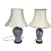 Two blue and white ceramic table lamps of baluster form