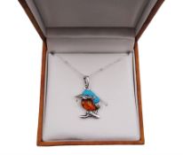 Silver and Baltic amber kingfisher pendant necklace