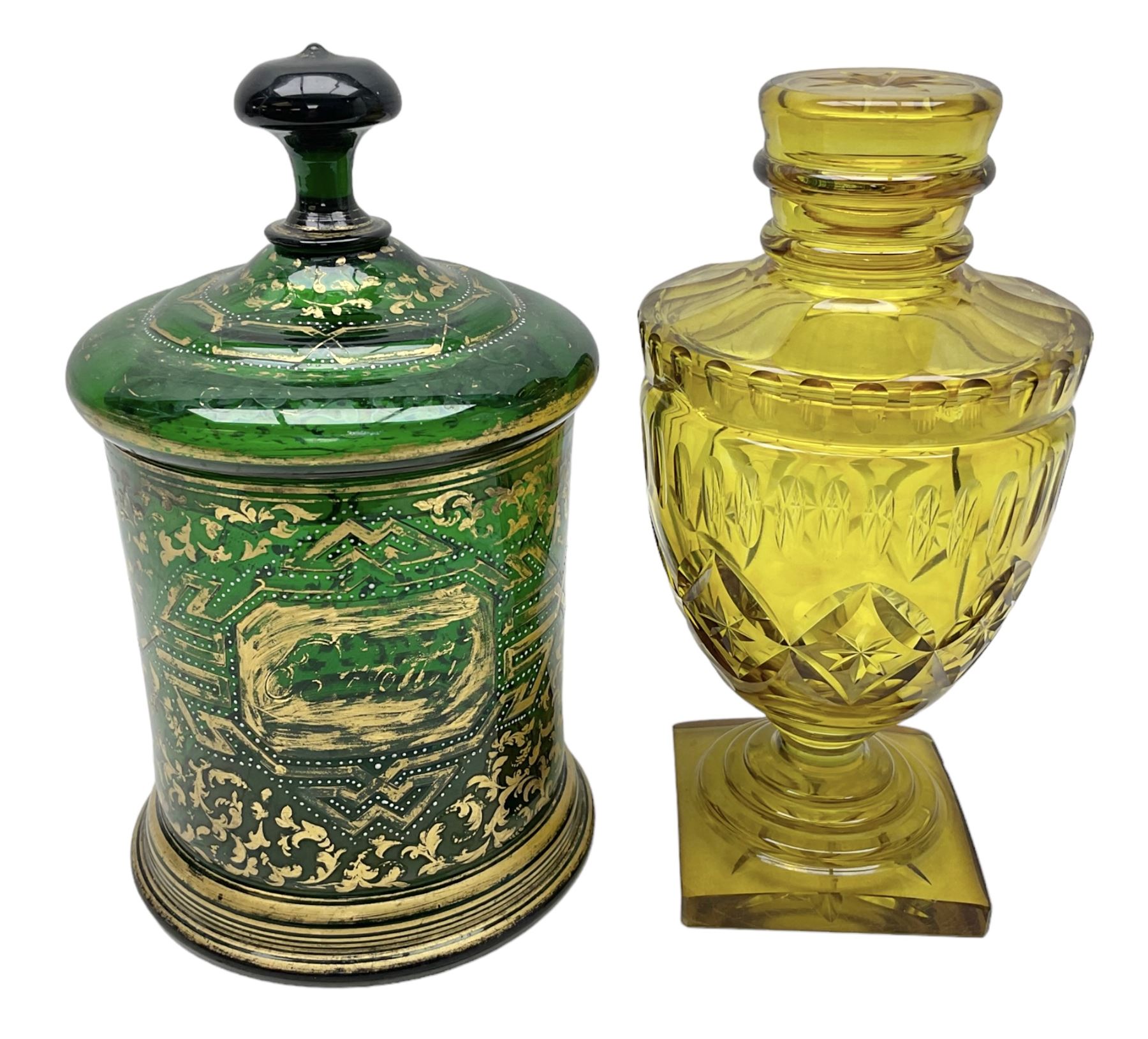 Victorian green glass lidded biscuit jar