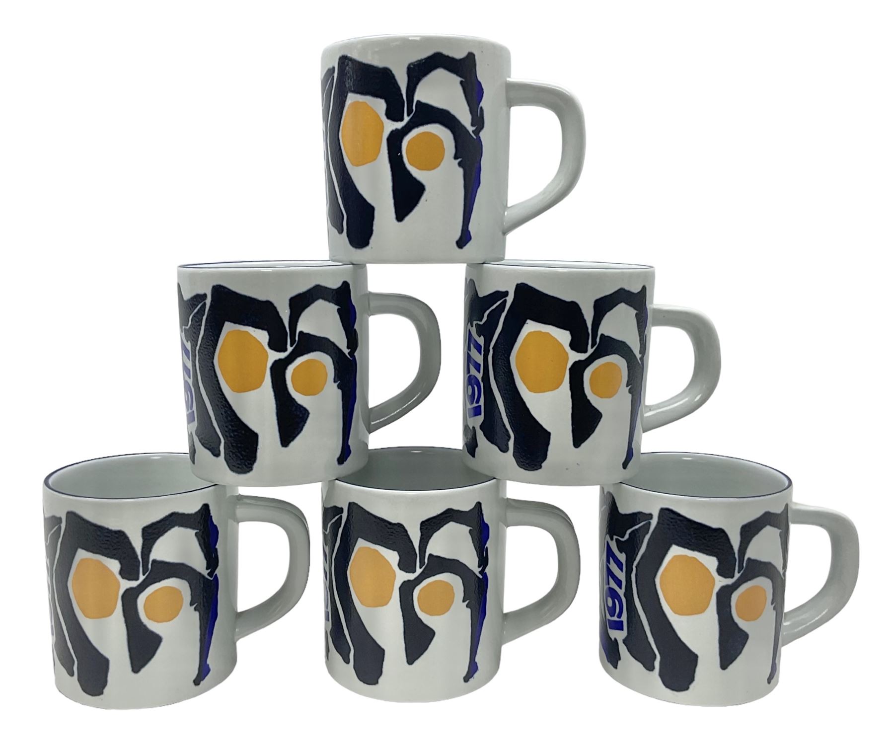 Six Royal Copenhagen year mugs for 1977 designed by Inge Lise Koefoed