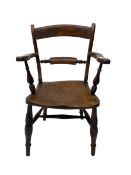 Late 19th century elm and beech Oxford bar back armchair