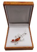 Silver Baltic amber lizard brooch