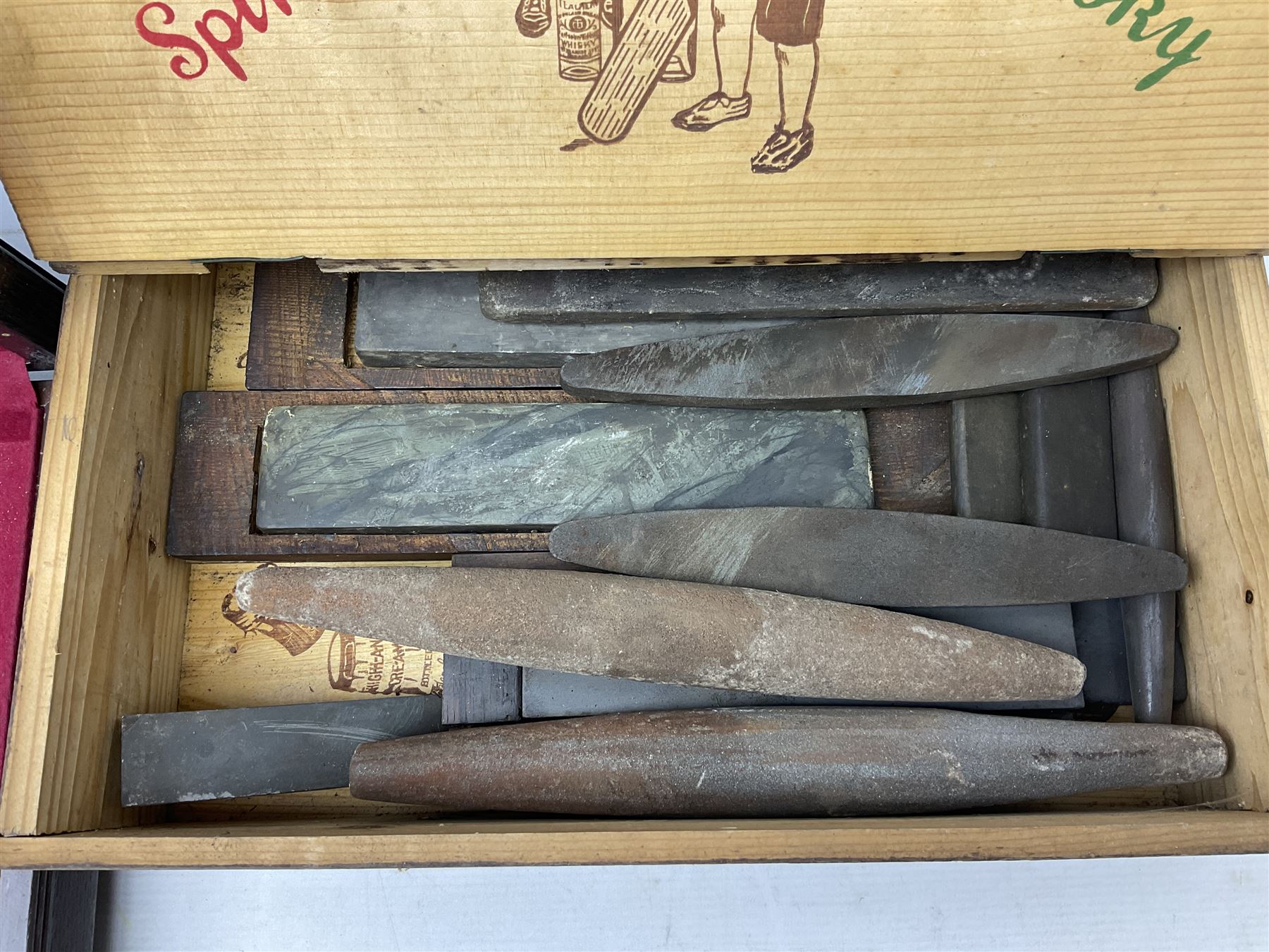 Quantity of oil and sharpening stones in wood box - Image 9 of 10