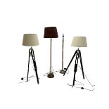 Pair 20th century standard lamps on Theodolite tripod base; and two standard lamps one with rope twi