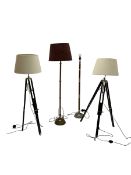 Pair 20th century standard lamps on Theodolite tripod base; and two standard lamps one with rope twi