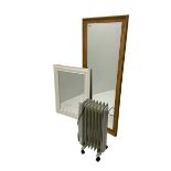 Hardwood framed wall mirror with bevelled plate; and small white painted framed wall mirror; and car
