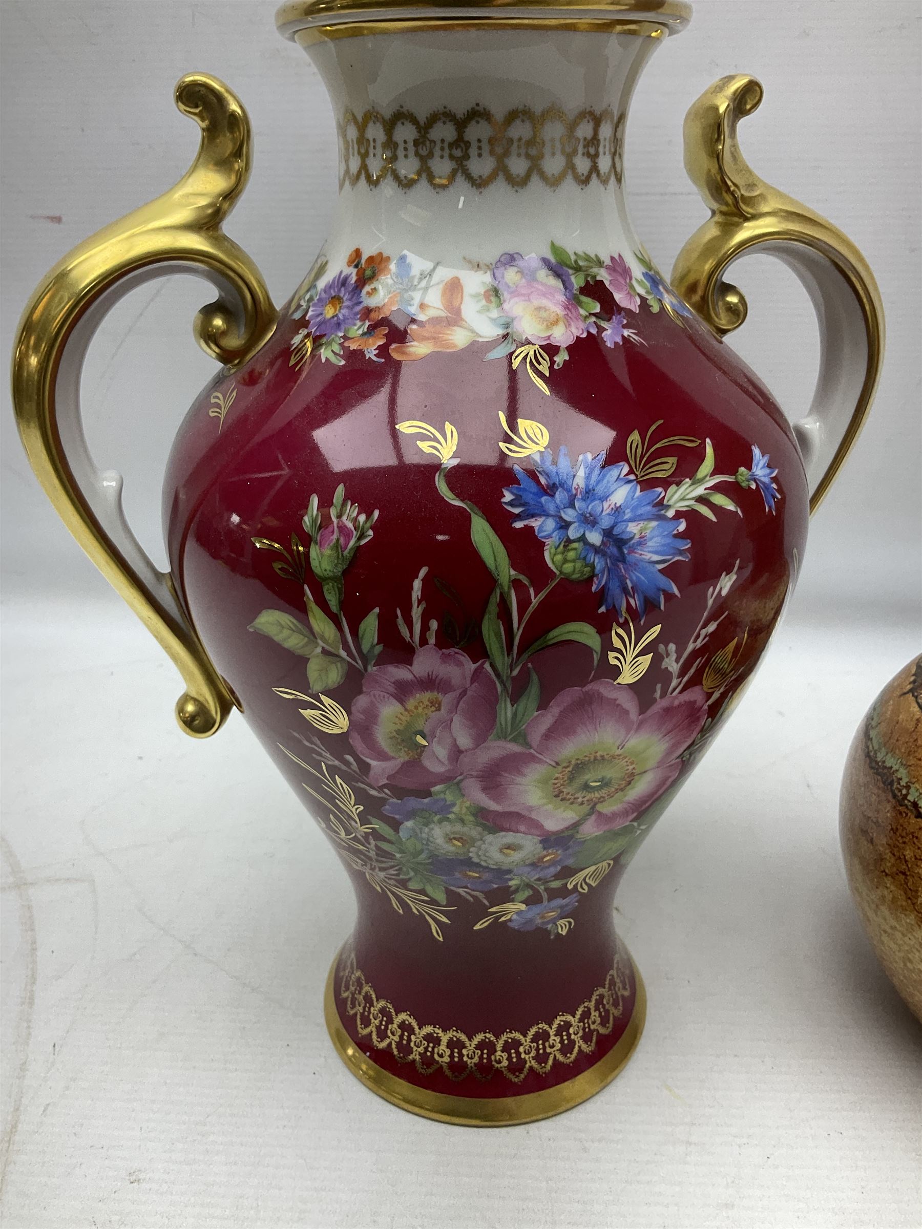 German floral decorated urn shaped lidded vase H38cm and mid-20th century ewer shaped vase with mott - Image 3 of 10