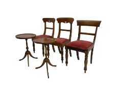 Pair Edwardian mahogany wine tables on tripod base (W40cm H60cm) and set three Victorian dining chai