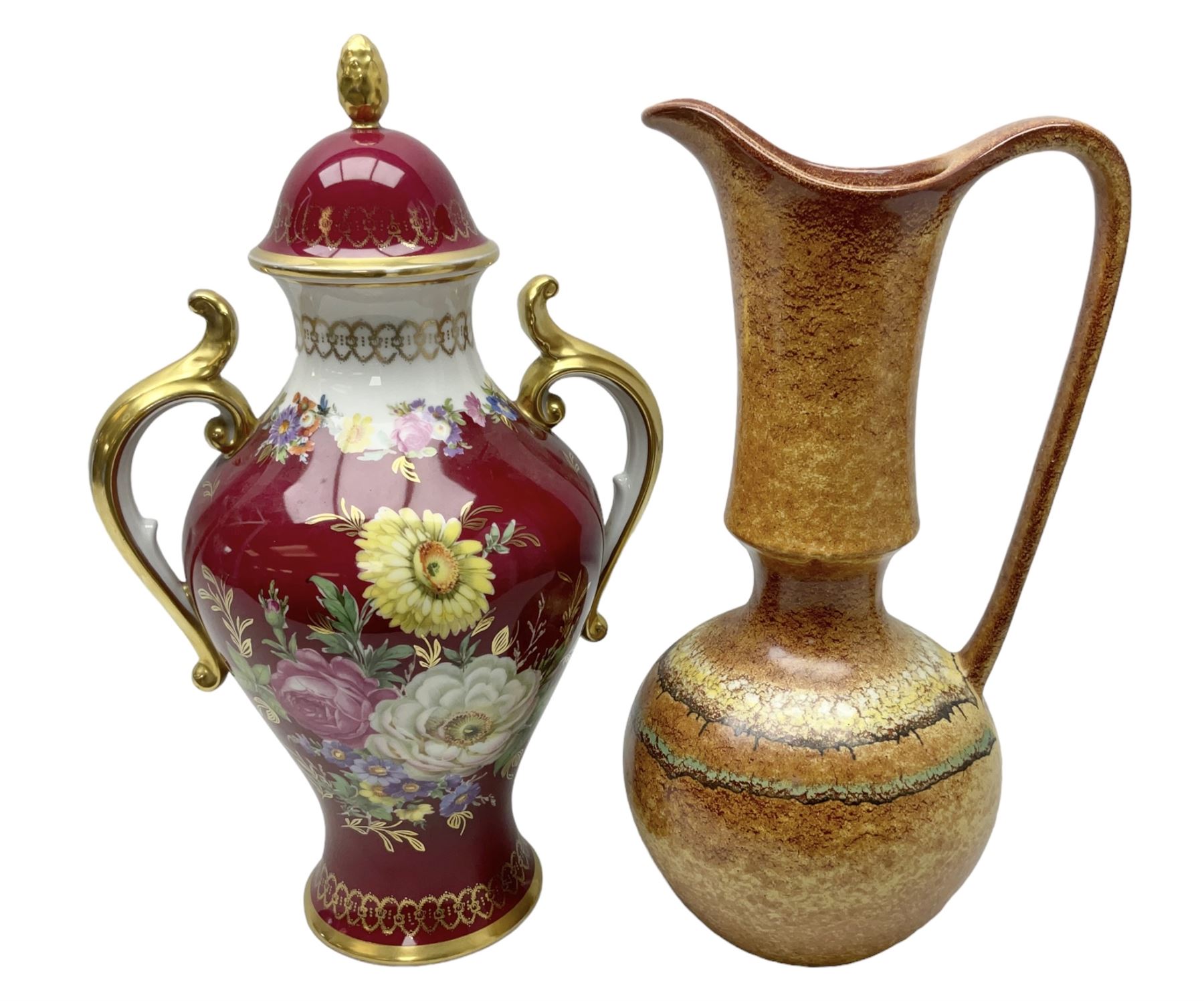 German floral decorated urn shaped lidded vase H38cm and mid-20th century ewer shaped vase with mott