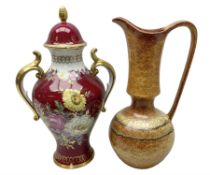 German floral decorated urn shaped lidded vase H38cm and mid-20th century ewer shaped vase with mott