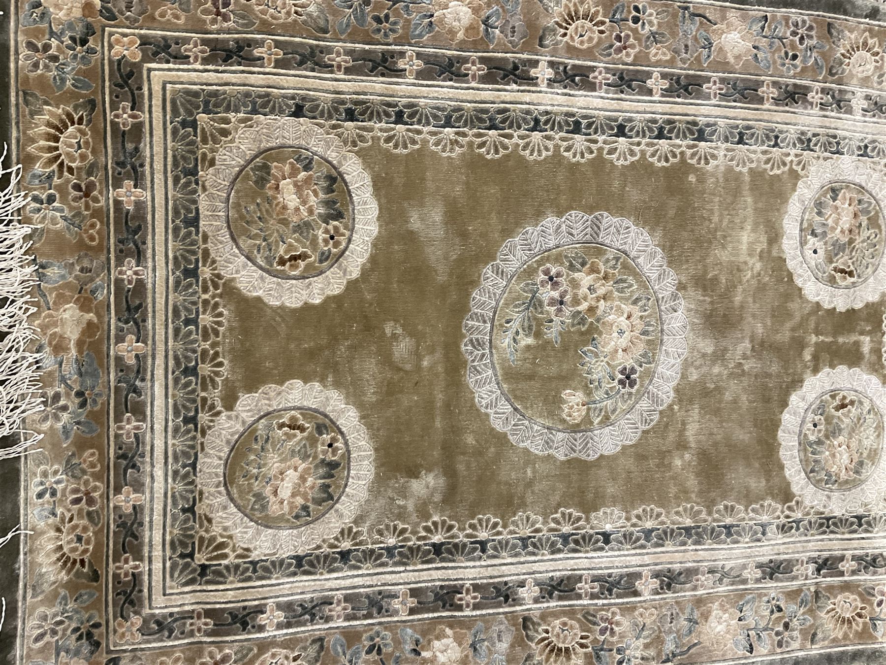 Three Chinese washed woollen rugs - circular blue ground decorated with dragons (D160cm) - Image 3 of 4