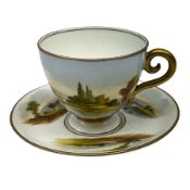 Bishop & Stonier teacup and saucer painted with mountainous lake and river scenes
