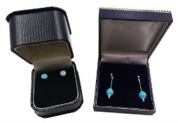 Pair of silver turquoise pendant stud earrings and a pair of silver opal stud earrings