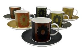 Susie Cooper for Wedgwood Carnaby Daisy pattern coffee set comprising six cans and six saucers