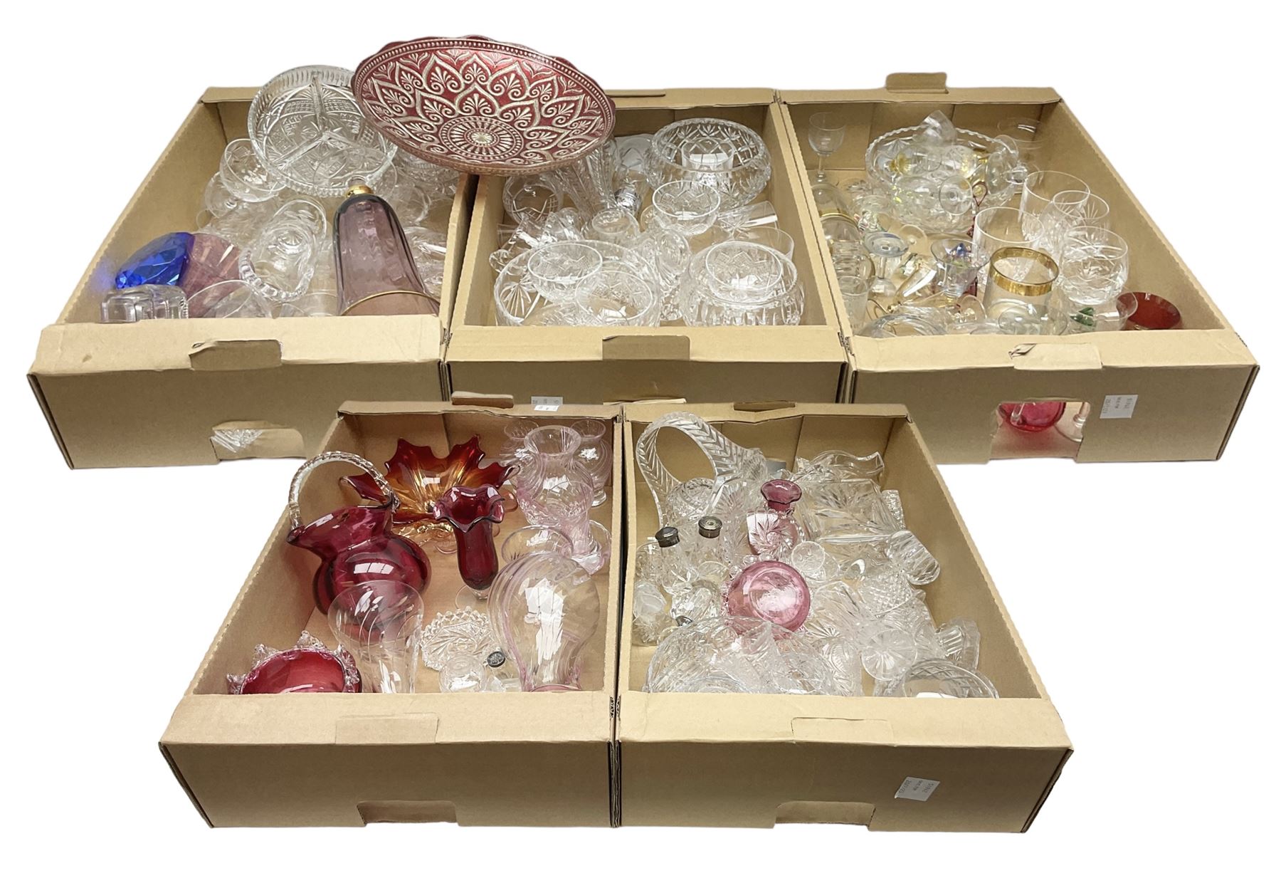 Five boxes of glassware to include cranberry glass