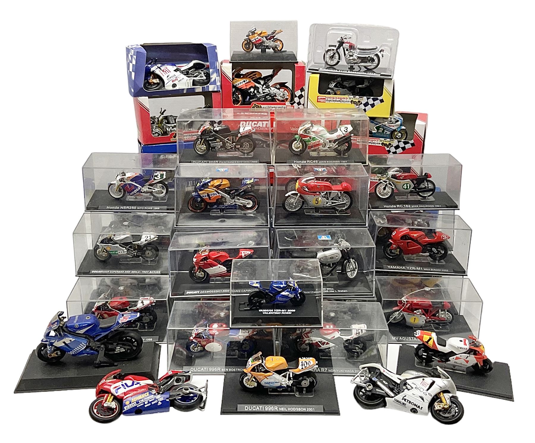 Fifty-one die-cast models of motorcycles by Maisto