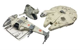 Star Wars - three space vehicles comprising B-Wing fighter and large Millenium Falcon space ship; bo