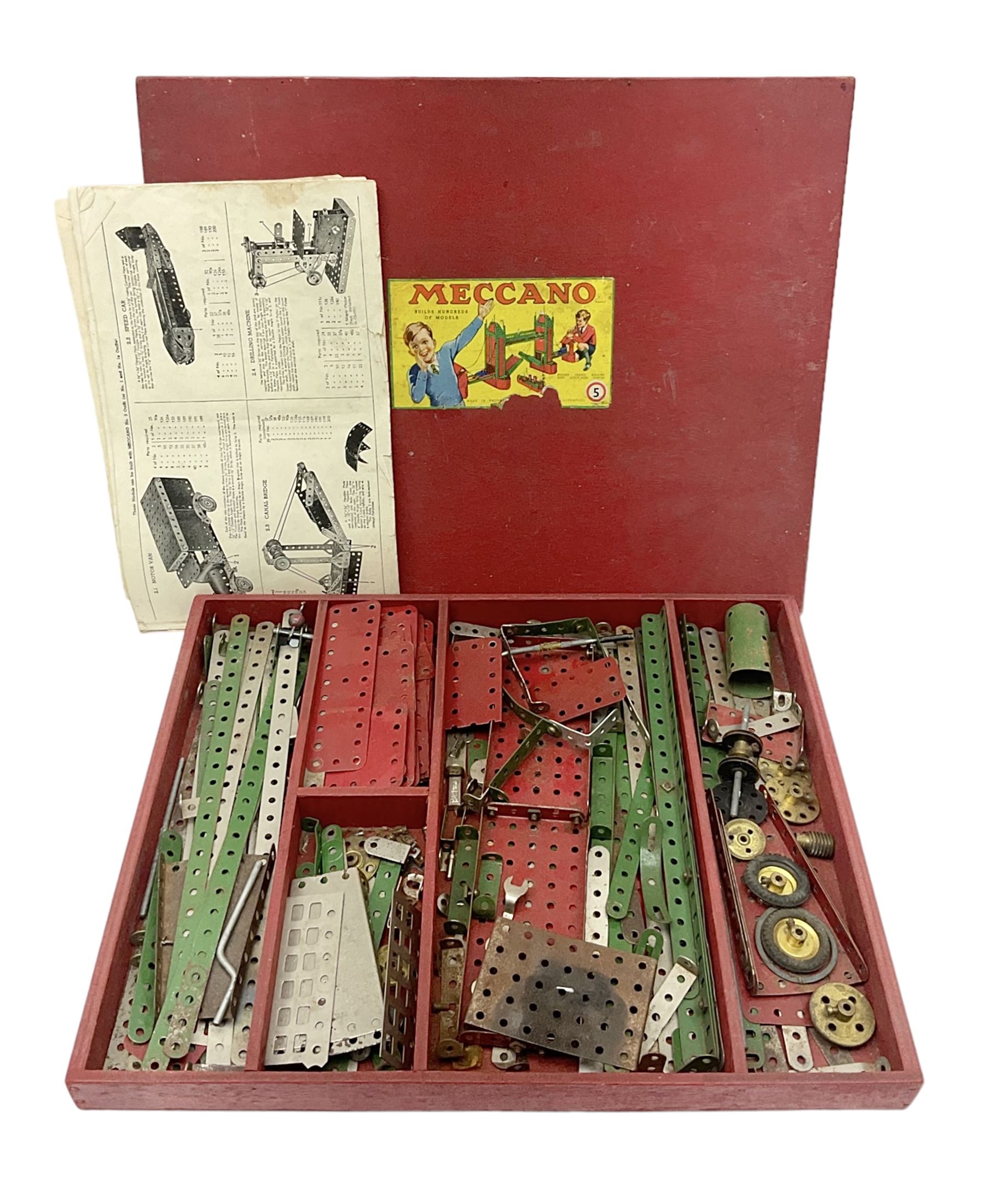 Meccano Set No.5 wooden box containing quantity of predominantly red and green sections