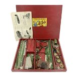 Meccano Set No.5 wooden box containing quantity of predominantly red and green sections