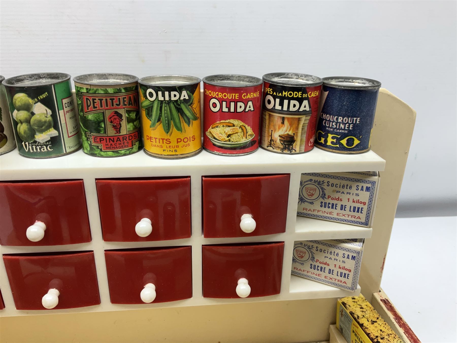 Late 1950s continental red and white painted wooden diorama of a grocery shop interior with fitted s - Image 5 of 9