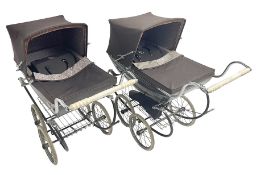 Pair of 1980s Silver Cross brown coach built dolls prams; each with folding canopy and apron