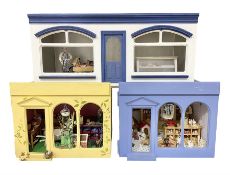 Three scratch-built wooden shop dioramas - single room Pet Shop with hinged front