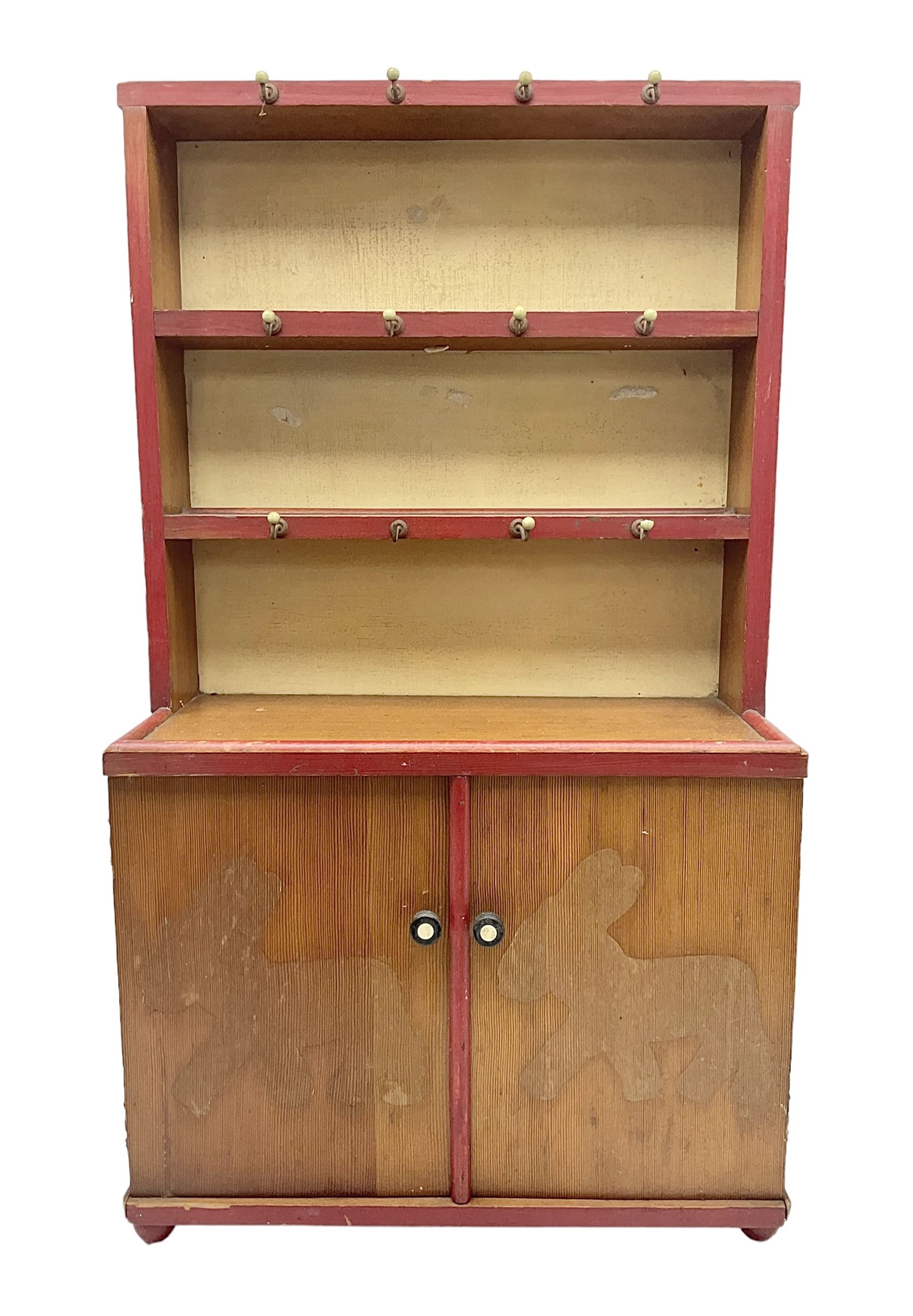 Miniature pitch pine Welsh dresser with open plate rack over two cupboard doors - Image 13 of 13