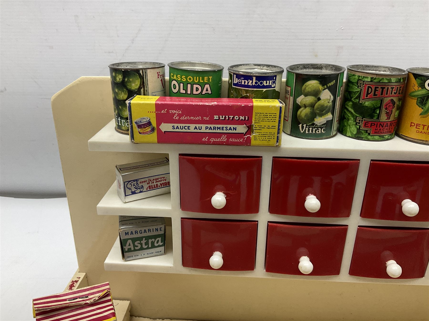 Late 1950s continental red and white painted wooden diorama of a grocery shop interior with fitted s - Image 6 of 9