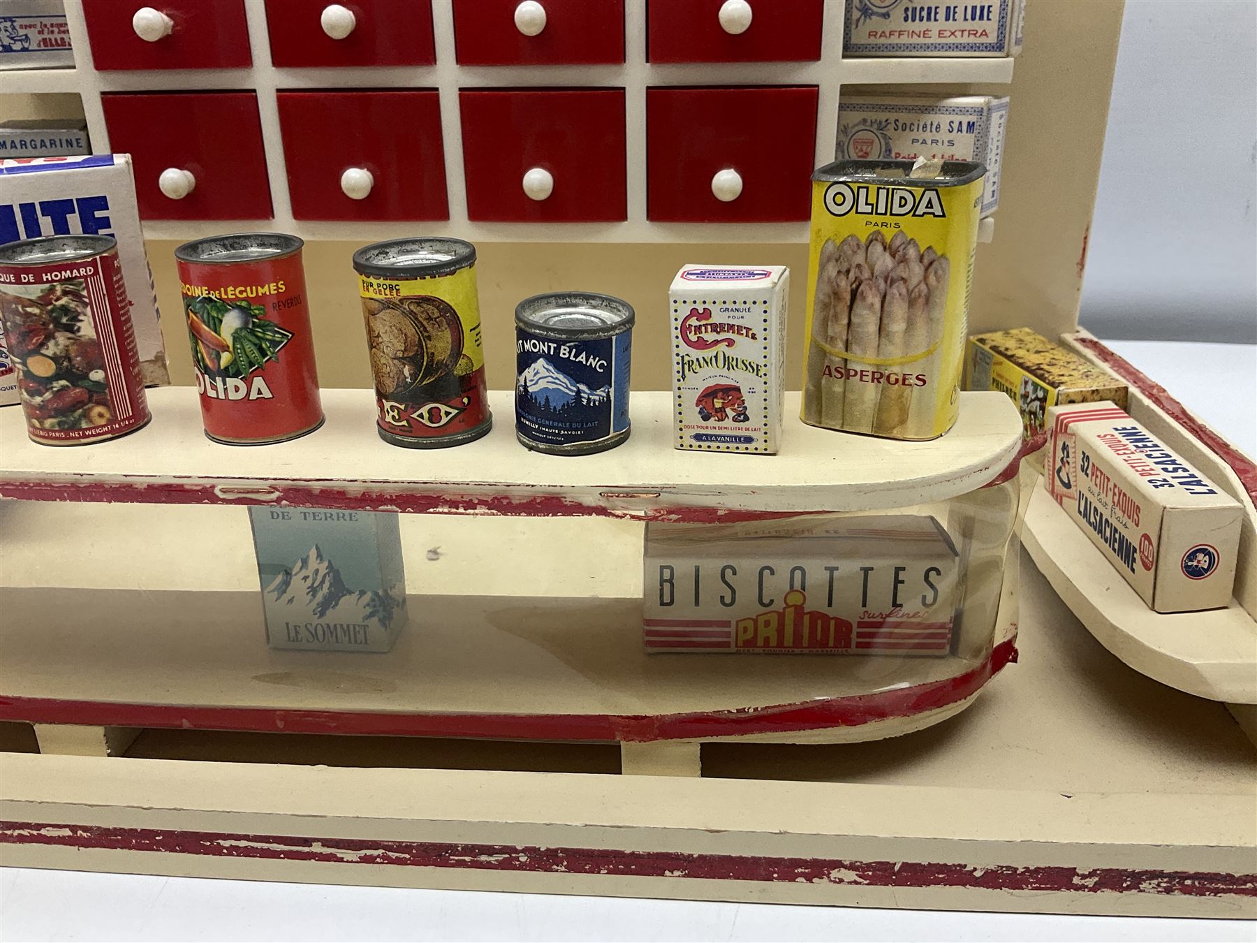 Late 1950s continental red and white painted wooden diorama of a grocery shop interior with fitted s - Image 3 of 9