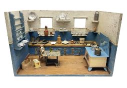 Late Victorian German white and blue painted pine diorama of a kitchen interior