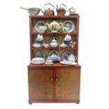 Miniature pitch pine Welsh dresser with open plate rack over two cupboard doors