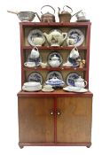 Miniature pitch pine Welsh dresser with open plate rack over two cupboard doors