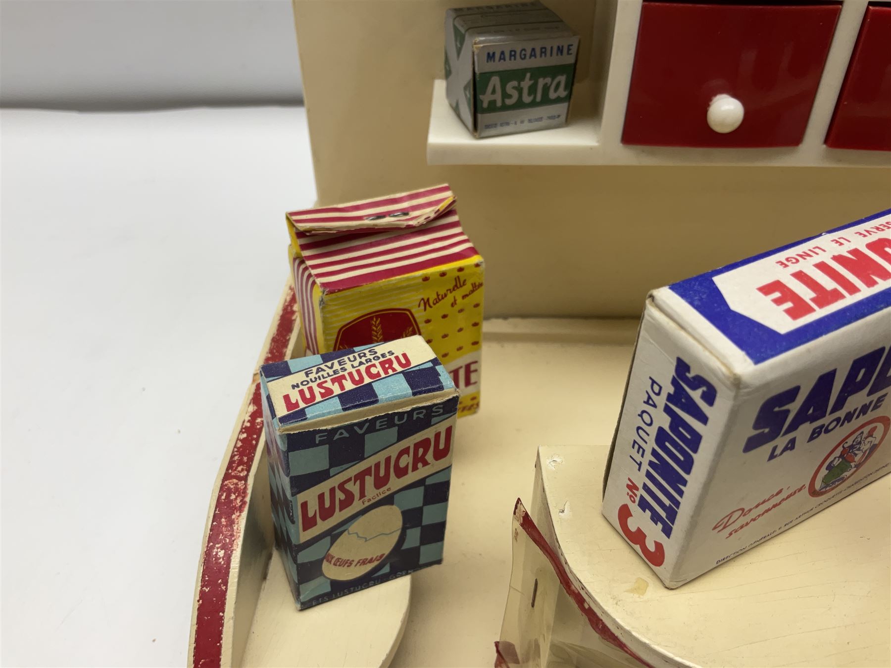 Late 1950s continental red and white painted wooden diorama of a grocery shop interior with fitted s - Image 7 of 9