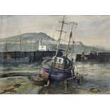 James W Hardy (British 20th century): Cleaning a Trawler in Scarborough Harbour