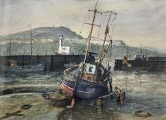 James W Hardy (British 20th century): Cleaning a Trawler in Scarborough Harbour