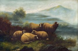 W Davis (British 19th/20th century): Sheep on the Lakeside