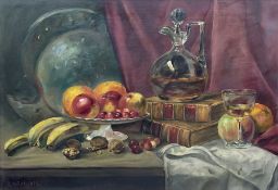 E Kyles (British late 19th century): Still Life of Fruit and Books