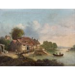 Continental School (19th century): River Landscape with Cottages