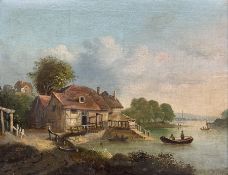 Continental School (19th century): River Landscape with Cottages