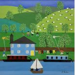 Gordon Barker (British 1960-): Sailing Past Canal Boats and Sheep