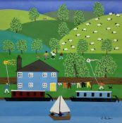 Gordon Barker (British 1960-): Sailing Past Canal Boats and Sheep